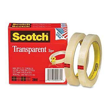 Scotch Transparent Tape, Narrow Width, Engineered for Office and Home Use, Trusted Favorite, 1/2 x 2592 Inches, 3 Inch Core, 2 Rolls (600-2P12-72)