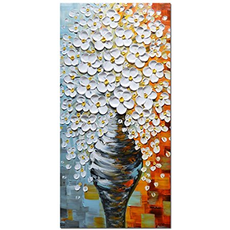 Asdam Art - Large Elegant White Vase 3D Oil Paintings On Canvas Pictures Home Decoration Wall Art Woods Framed Stretched Artwork (24x48 inch)