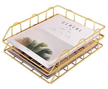 Superbpag Set of 2 Office Supplies Metal Stackable File Document Letter Tray Organizer, Gold