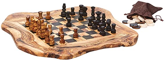 Arte Legno Real Olive Wood Chess and Checkers Set - Rough Cut - 15" x 16"