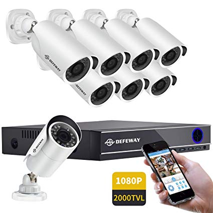 DEFEWAY 16 Channel 1080P HD Security Camera System, 8 x 1080P Outdoor Waterproof Surveillance Cameras, Smartphone Remote Monitoring