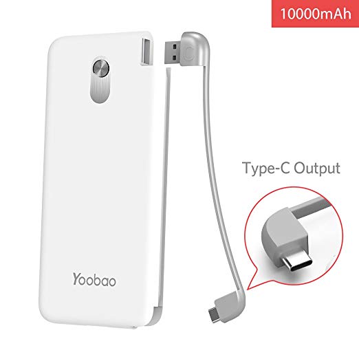 Portable Charger 10000mAh Yoobao Power Bank Built-in Pluggable USB C Cable Slim External Cell Phone Battery Backup Pack Compatible Android Smartphone Samsung Galaxy S9 Note LG Huawei etc - White