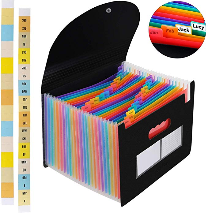 24 Pockets Expanding File Organisers, BluePower Filing Boxes Document Organiser, Accordion File Folder A4 Desk Folders Expander, Portable Files Wallets Plastic Documents Bills Storage Box with Lid
