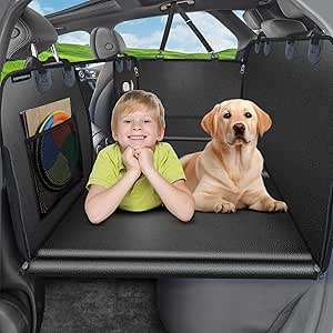 URPOWER PU Leather Back Seat Extender for Dogs, Hard Bottom Dog Car Seat Cover Waterproof Dog Car Hammock Anti-Scratch Dog Car Bed Pet Backseat Protector with Mesh Window for Car, SUV & Small Truck