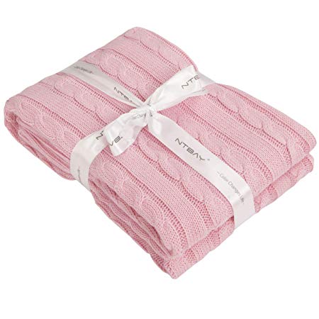 NTBAY 100% Cotton Cable Knit Toddler Blanket Throw Blanket Super Soft Warm Multi Color, 30"x 40", Baby Pink