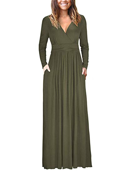 VOGRACE Women's Long Sleeve V-Neck Maxi Dress Casual Long Dresses with Pockets