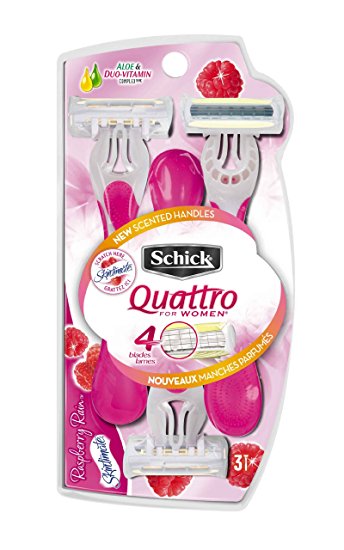 Schick Quattro for Women Disposable Razor with Raspberry Rain Scented Handle, 3-Count (Pack of 3)