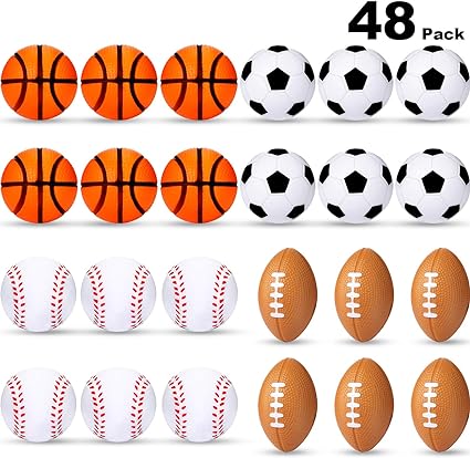 Blulu 48 Pieces Sports Stress Balls for Kids Mini Footballs Ball, Soccer, Basketball, Baseball Foam Stress Balls for Anxiety Relief Relaxation, Sport Party Favor Toy Class Prize and Outdoor Game