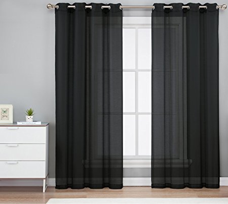 HLC.ME 2 Piece Sheer Window Curtain Grommet Panels (Black) 54" x 84" each