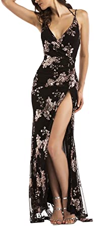BerryGo Women's Sexy Backless Halter High Split Floral Sequin Maxi Dress Black,L
