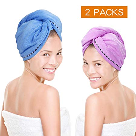 Microfiber Hair Towel Quick Magic Hair Dry Hat, Turban Twist Hair Towel Wrap Head Towel with Button, Quick Dry Super Absorbent for Long & Curly Hair, Anti-Frizz [2 Pack] By Tiitc
