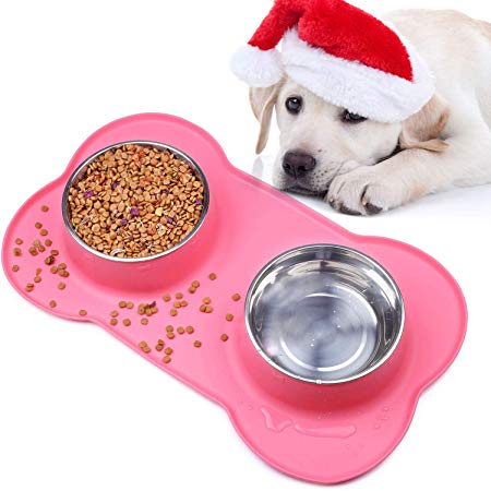 Dog Bowls with Anti-Overflow and Anti-Skid Silicone Dog Food Mat, Stainless Steel Feeder Easy to Clean for Small Medium Large Dogs Cats Pets