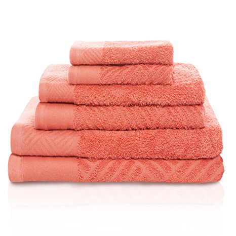 Superior 100% Egyptian Cotton 6-Piece Towel Set, Basket Weave Textured Jacquard, Super Soft and Highly Absorbent, 2 Bath Towels, 2 Hand Towels, and 2 Face Towels, Made in Egypt, Coral