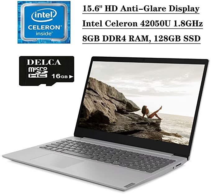 2020 Premium Lenovo Ideapad S145 Laptop Computer, 15.6" HD Anti-Glare Display, Intel Celeron 4205U 1.8GHz, 8GB DDR4 128GB SSD, WiFi BT 4.1 Dolby Audio HDMI Win 10 (Grey)   Delca 16GB Micro SD Card