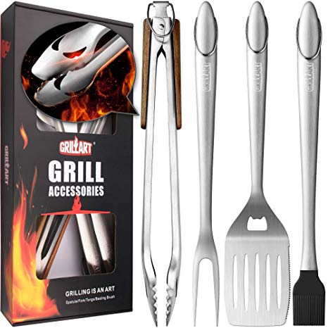 GRILLART Heavy Duty BBQ Grill Tools Set. Snake-Eyes Design Stainless Steel Grill Utensils Kit - 18” Locking Tongs, Spatula, Fork, Basting Brush. Best Barbecue Grilling Accessories, Gift Box Package.