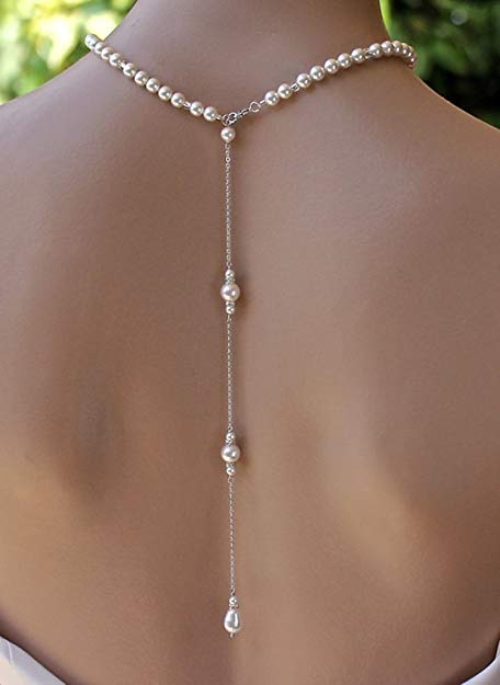 Skyvan Imitation Pearls Tassel Backdrop Necklace Body Chain Wedding Jewelry Backless Dress Accessories