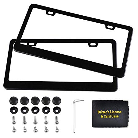 Awindshade Black License Plate Frame Matte Black Powder Coated Stainless Steel License Plate Frames, 2PCS with Bolts Washer Caps