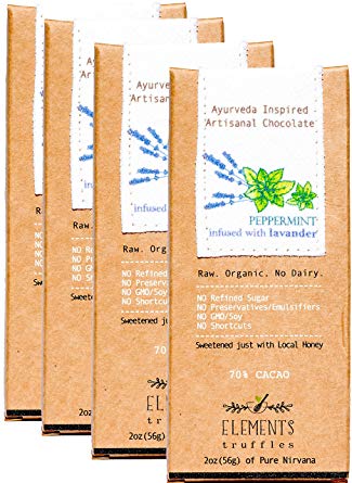 Elements Truffles Peppermint Bar with Lavender Infusion - Dairy Free Chocolate Bar - Gluten Free, Non-GMO, Raw & Organic Chocolate Bar - Ayurveda Inspired Healthy Chocolate Bar - Four Pack