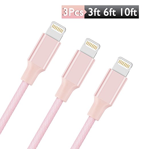 iPhone Charger(Kabel Leader)Denim Braided Lightning to USB Cable 3Pack 3ft/6ft/10ft Charging Cable Cord for iPhone 7 7 Plus SE 6 6s 6 Plus 5 5s iPad 4 Mini Air iPod Nano 7 iPod Touch 5 (Pink)