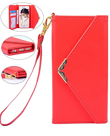 Iphone 6 Wallet Case, Crosspace iphone 6s Envelope Flip Handbag Shell Women Wallet PU Leather Magnetic Folio Cover Cases with Credit Card ID Holders Wrist Strap for Apple Iphone 6/6s 4.7inch-Red