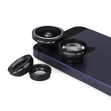 VicTsing Magnetic Detachable Fish-Eye Lens Wide Angle Micro Lens Telephoto Lens 4-in-1 Kits Sliver fpr Smartphones and Tablets with flat camera (Black)