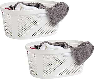 Mind Reader 40L Laundry Basket, Clothes Hamper, Ventilated, Plastic, 23"L x 14.5"W x 10.5"H, Set of 2, White