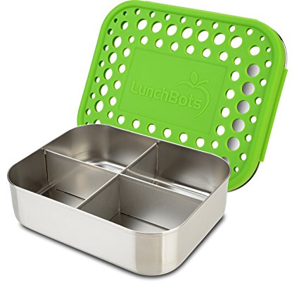 LunchBots Quad Stainless Steel Food Container - Four Section Design Perfect for Healthy Snacks, Sides, or Finger Foods On the Go - Eco-Friendly, Dishwasher Safe and BPA-Free - Green Dots