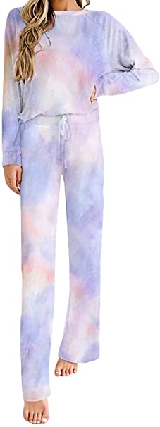 Dokotoo Womens Tie Dye Print Pajamas Set Long Sleeve Tops and Pants Pocketed Pjs Joggers Sleepwear Loungewear