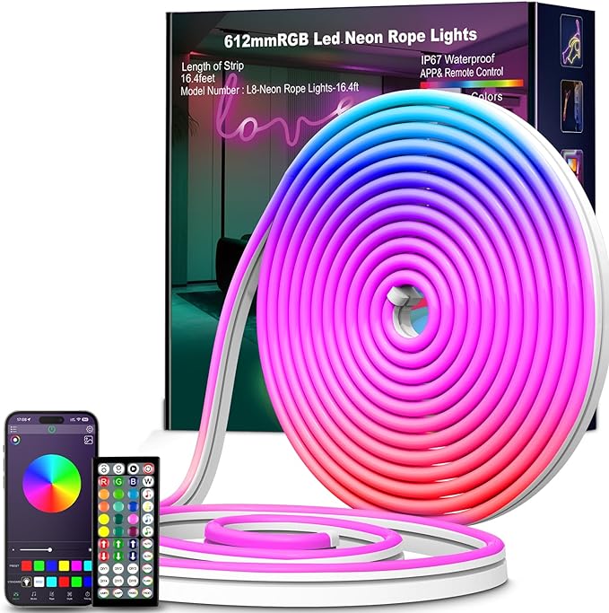 L8star Neon Lights,16.4ft/5m RGB LED Neon Rope Light with Remote Control, LED Neon Light Strip Smart Color Changing Neon Flex LED Strip Lights for Indoors Outdoors Decor