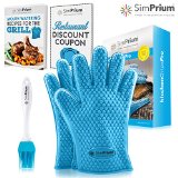 SimPrium - Silicone Pot Holders Heat Resistant Cooking and Barbecue Grill Gloves and Oven Mitts - KitchenGripsPro - 1 Pair of Teal Blue Gloves Fits Most Plus Bonus BBQ Brush EBook and Restaurant Coupon