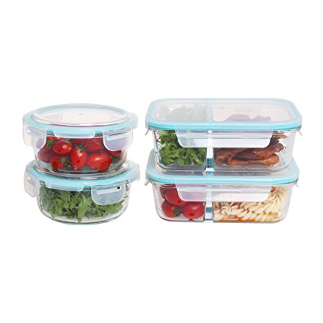 Glass Food Storage Container Set - Borosilicate Glass Container with Snap Locking Lids - Airtight, BPA Free,Microwave,Freezer & Oven,Dishwasher safe (4 Piece)