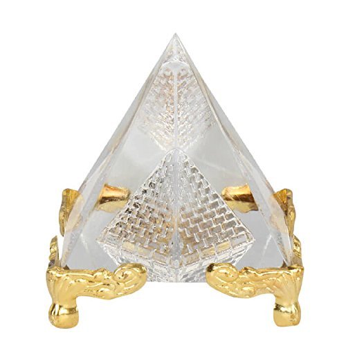 Transparent Crystal Pyramid with Gold Stand for Prosperity (2.3 Inches)