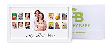 My First Year Baby Picture Frame – Solid Wooden Photo Frame - Fits One 4"X6" and Twelve 2"X1.5" photos - Baby's First Christmas Gift - Boxing Day Sale