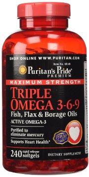 Puritans Pride Maximum Strength Triple Omega 3-6-9 Fish Flax and Borage Oils-240 Softgels