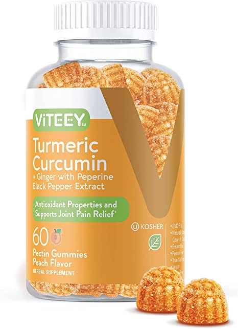 Turmeric Curcumin Gummies with Ginger & Black Pepper [Supports Joint Pain & Anti-Inflammatory] Herbal Supplement, Vegan, Pectin Gummy - Good for Adults Teens & Kids - Peach Flavor [60 Count-1 Pack]