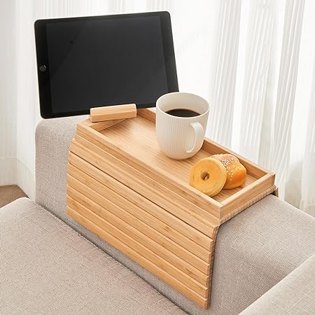 GEHE Bamboo Sofa Arm Tray, Couch Arm Tray with 360° Rotating Phone Holder, Foldable Sofa Armrest Tray Clip on Side Table Tray, Couch Arm Table Anti-Slip, Couch Cup Holder for Snacks, Drinks, Control