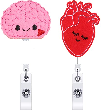 Felt Nurse Badge Reels Brain Badge Reel and Heart Retractable Badge Holder Cute Nursing Name ID Badge Holders with Alligator Clip for Nurse Doctor Teacher Student (2 Pieces)