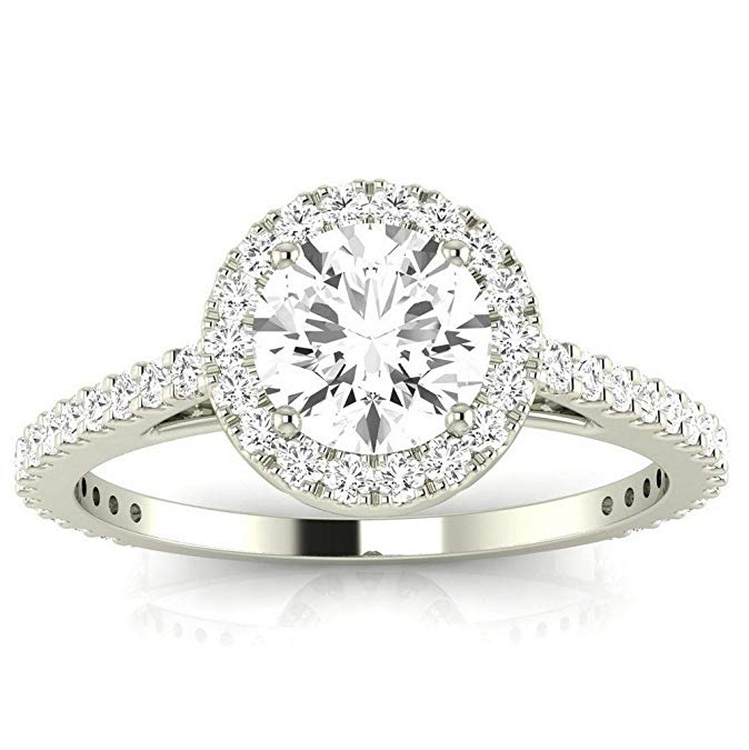 1 Carat t.w. Round Classic Halo Style Pave Set Round Shape Diamond Engagement Ring H-I I2 Clarity Center Stones.