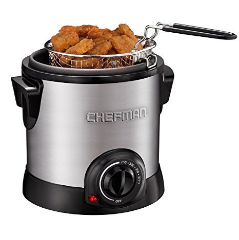 Chefman Deep Fryer Fry Guy with Basket / Strainer for Home, Easy-to-Clean Non-Stick Coating and Cool-to-Touch Stainless Steel Exterior, Rotary Knob for Adjusting the Temperature, Silver - RJ07-M-SS