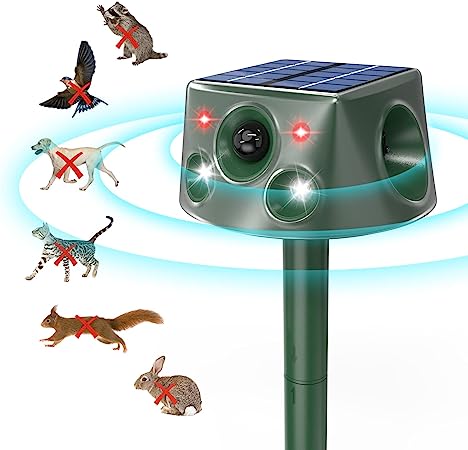 360° Animal Deterrent, 6 Modes Solar Powered Animal Repellent Outdoor with Motion Sensor and Flashing Light, Waterproof Squirrel Repellent for Skunk Raccoon Wildcat Rabbit, Frequency 18kHZ