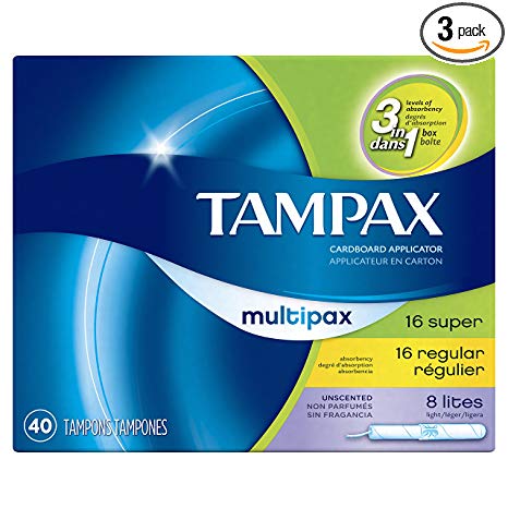 Tampax Cardboard Applicator Tampons, Multipack, Light/Regular/Super Absorbency, Unscented, 40 count - Pack of 3 (120 Total Count)