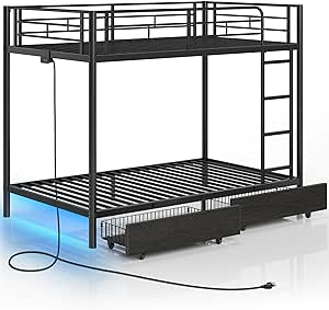 Rolanstar Metal Bunk Bed Twin Over Twin with USB Charging Station, LED Bunk Bed with 2 Storage Drawers, Bed with Safety Guardrail & Ladders, No Box Spring Needed, Easy Assembly, Black