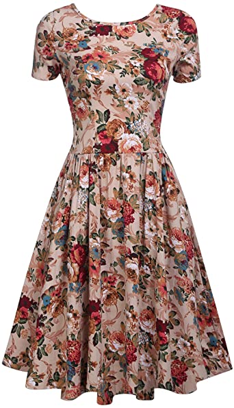 ACEVOG Women's Floral Print Short Sleeve Lace up Vintage Cocktail Party Swing Dress