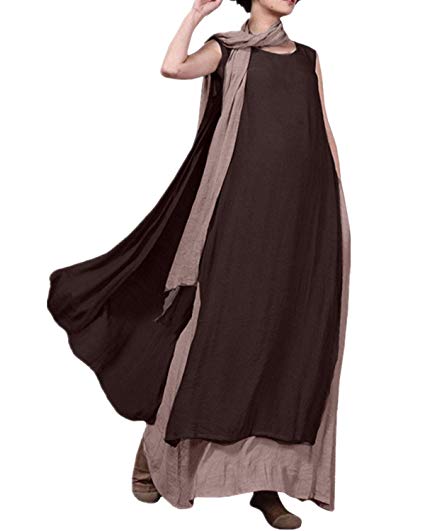 ZANZEA Ladies Cotton Slub Round Neck Two-Layer A-line Baggy Vintage Long Maxi Dress