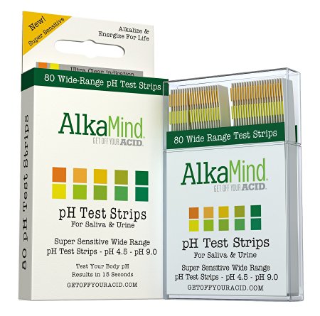 AlkaMind pH Test Strips to GET OFF YOUR ACID! 80 wide range pH test strips for saliva and urine. Super sensitive pH strips show pH 4.5 - pH 9.0