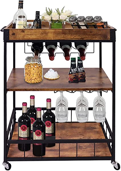 aboxoo Serving Bar Wine Cart 3 Tier Home Rolling Rack with Wheels Mobile Kitchen Industrial Vintage Style Wood Metal Serving Trolley Serving Cart,Glass Holder Bar Cabinet