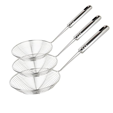 Swify Stainless Steel Net Colander Mesh Ladle with Handle for Kitchen Food and Vegetable - 3pcs in Different Size (30.5 cm, 32 cm and 35 cm)