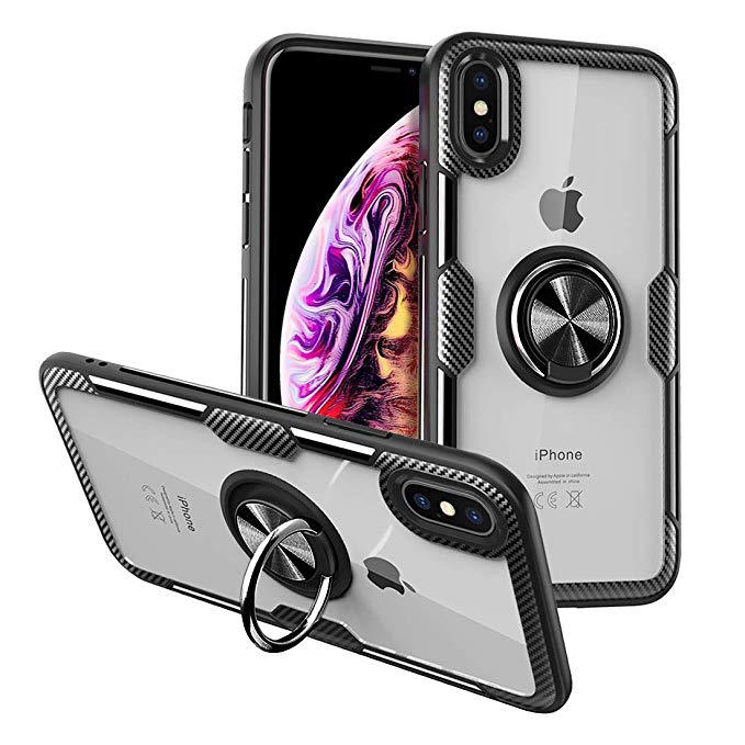 CHEEDAY Compatible iPhone 8 Case iPhone 7 Case Clear Hard Back Cover Slim Rubber Bumper Hybrid Case [Air Cushion Protection] with 360° Rotating Ring Holder Kickstand for iPhone 7 / iPhone 8 - Black