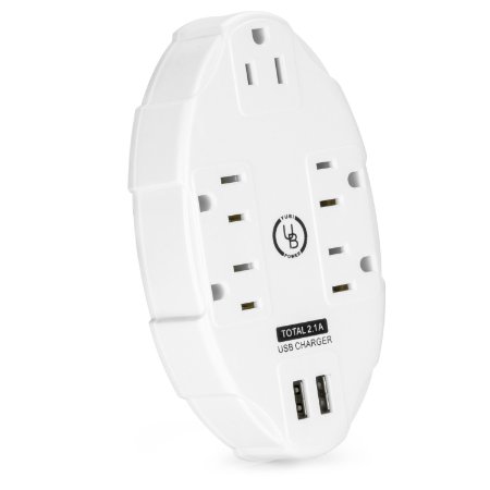 Yubi Power 5 Outlet Power Plug Surge Protector Wall Tap with 2 USB Ports 2.1A 300 Joules - White - ETL Listed