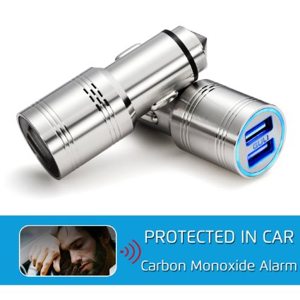 Carbon Monoxide Detector Car Charger, World First CO Alarm in Car with Emergency Hammer 2 Ports 2.4A USB Adapter Fast Charge For iPhone Android